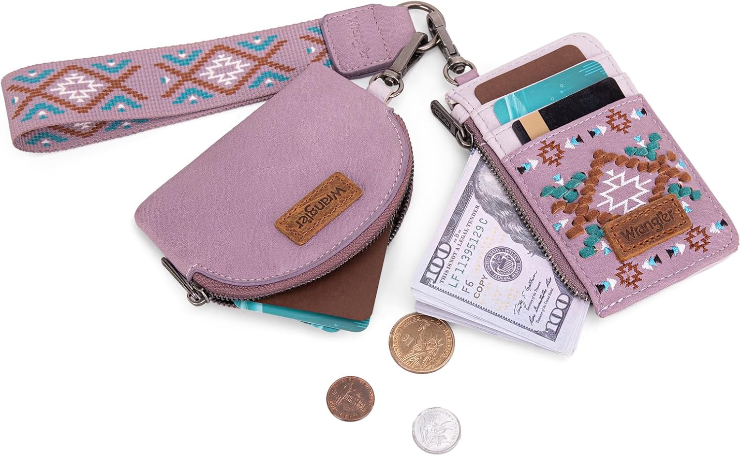Wrangler Western Keychain Wristlet Wallets for Women Retro Dual Pouch Wristlet Credit Card Holder Wallet with Zipper Pocket WG2214-W0051PP
