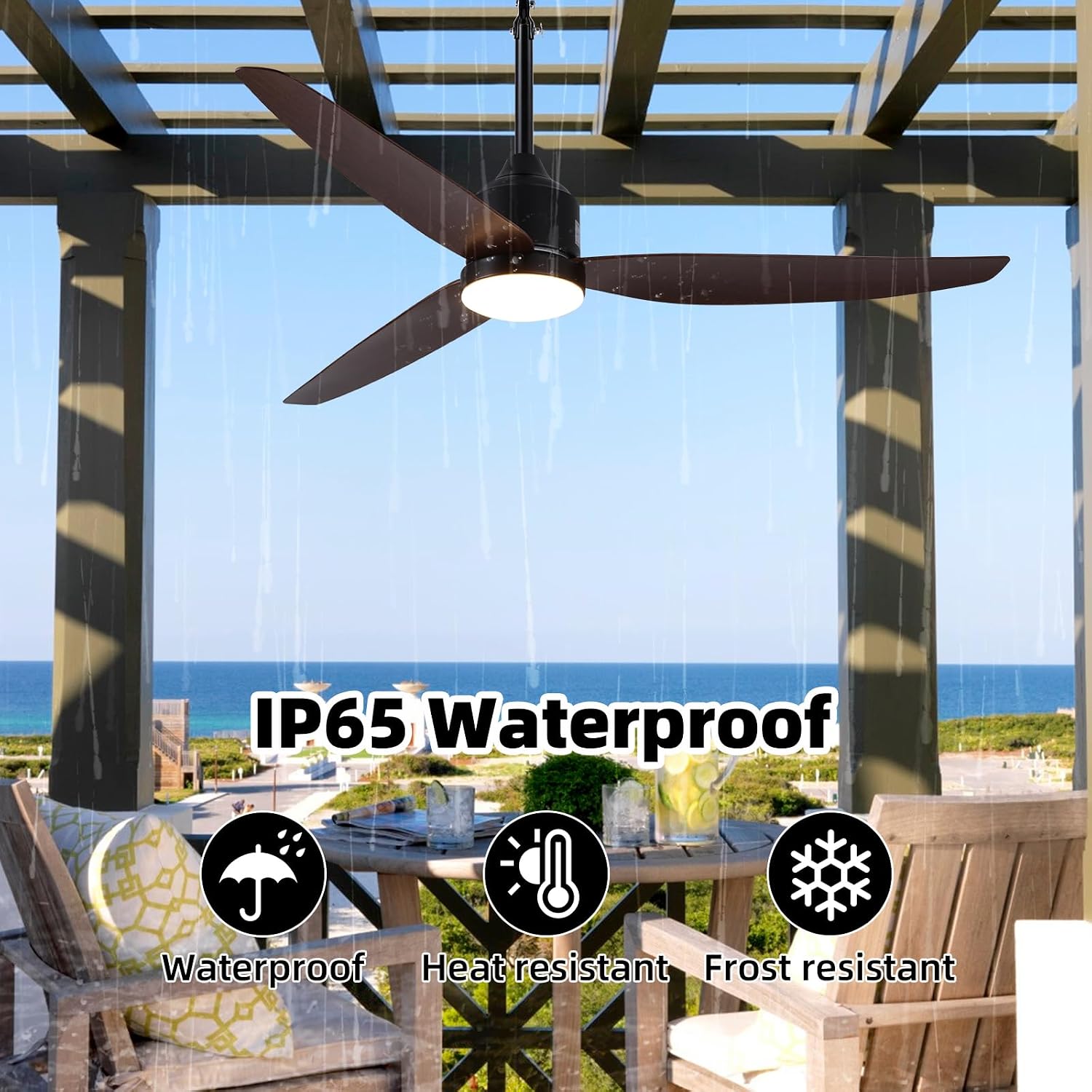 Outdoor Ceiling Fan with Light,52 Inch Walnut Waterproof Outdoor Patio Fan with Remote Control, Reversible Quiet DC Motor, 3-Color Dimmable LED for Gazebo, Porch