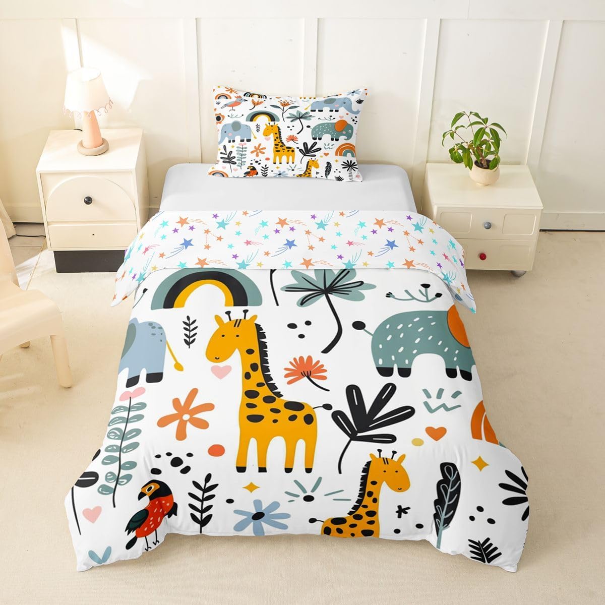 Feelyou Kids Cartoon Zoo Animal Bedding Set Toddler Size, Elephant Lions Duvet Cover Kawaii Giraffe Crocodile Comforter Cover for Kids Jungle Animal Bedspread Cover with 1 Pillow Case (No Comforter)