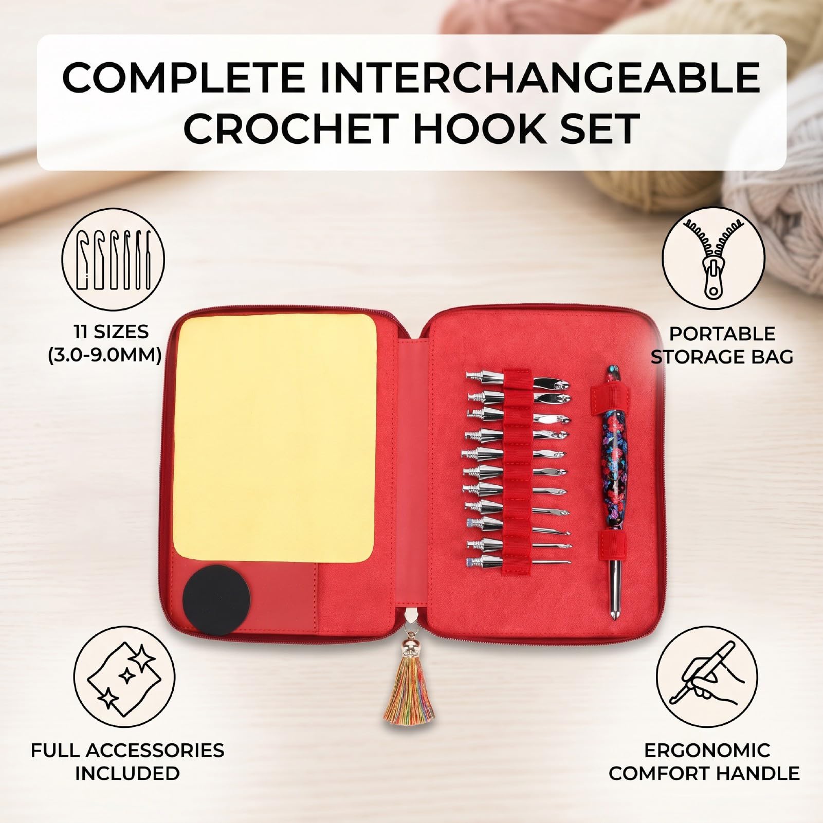 TIKATARER Juego de 11 Ganchos de Ganchillo Intercambiables, Mango Ergonómico con Bolsa de Almacenamiento con Cremallera Red Crane Ganchos de Aluminio de 3,0-9,0 mm para Tejido