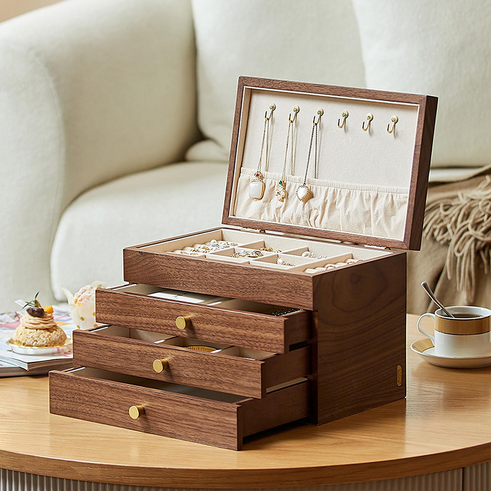 Drewniane pudełko na biżuterię w stylu vintage, przenośny, podróżny organizer na biżuterię, do zegarka, naszyjnik, pierścionek, kolczyki, duża pojemność
