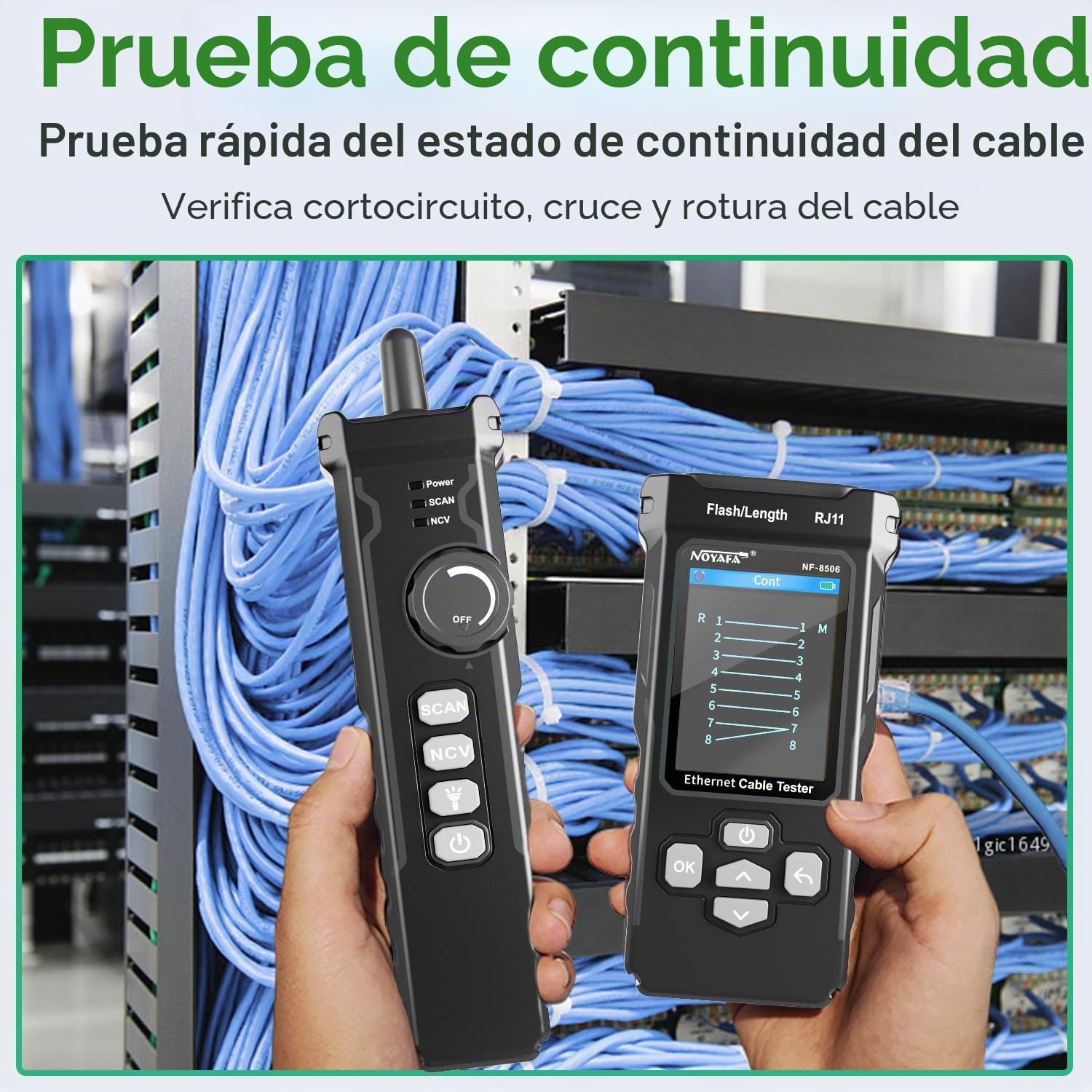 NOYAFA Probador de Red con Escaneo IP, Probador de Cable de Red con TDR | Prueba de PING y Velocidad de Puerto, Comprobador RJ11/RJ45, Analizador de Cable Ethernet para Cat5/Cat6, Prueba PoE, NF-8506
