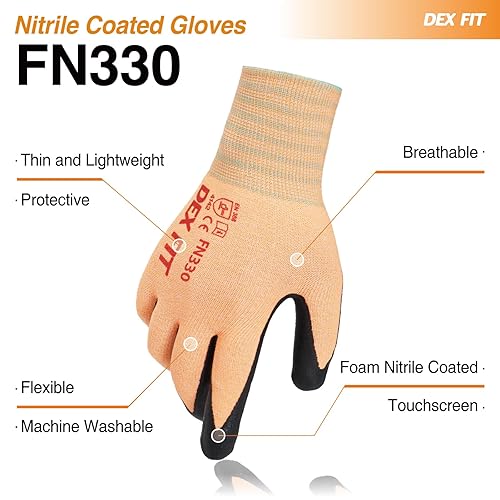 Miniatura 2 de DEX FIT Guantes de trabajo de nitrilo FN330, 12 pares, ajuste elástico 3D, agarre firme, delgados y ligeros, compatibles con pantalla táctil,