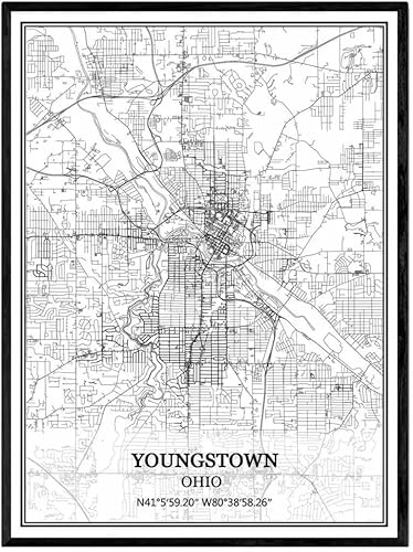 TANOKCRS Youngstown Ohio USA America Map - Póster impreso en lienzo sin marco, moderno mapa blanco y negro, regalo de recuerdo, decoración del