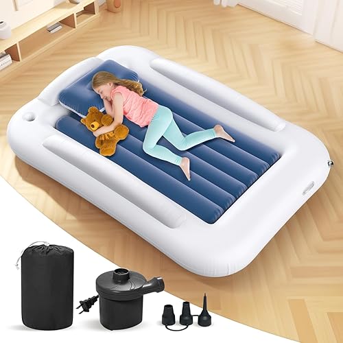 Cama inflable de viaje para niños pequeños, cama portátil de 60 pulgadas para viajes con lados de seguridad, acogedor juego de colchón de aire para