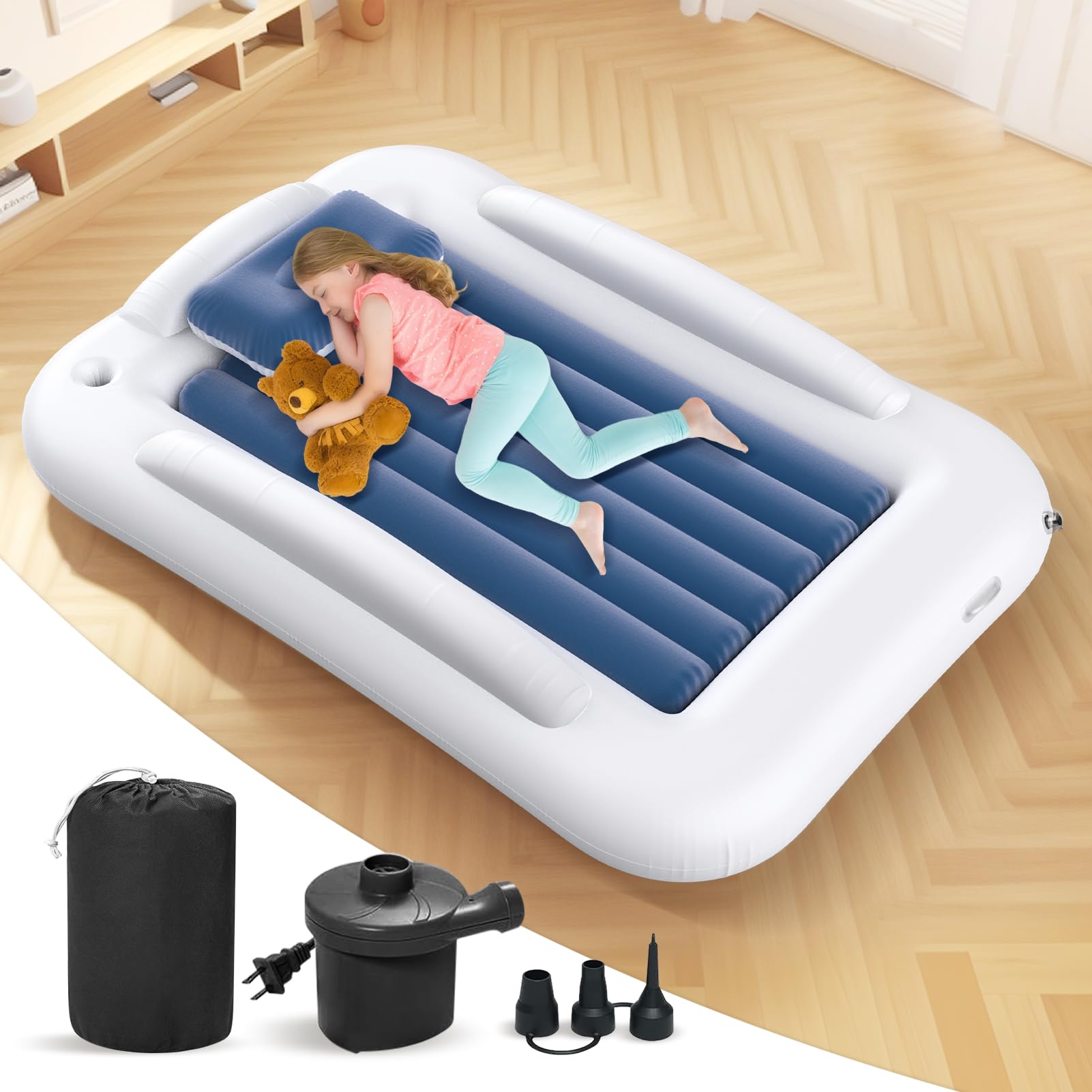 Deeteck Inflatable Toddler Travel Bed - 60 Inches Portable Toddler Bed for Travel with Safety Sides - Cozy Kids Air Mattress Set with Built-in Electric Pump & Carry Case- Easy to Inflate - Sea Blue