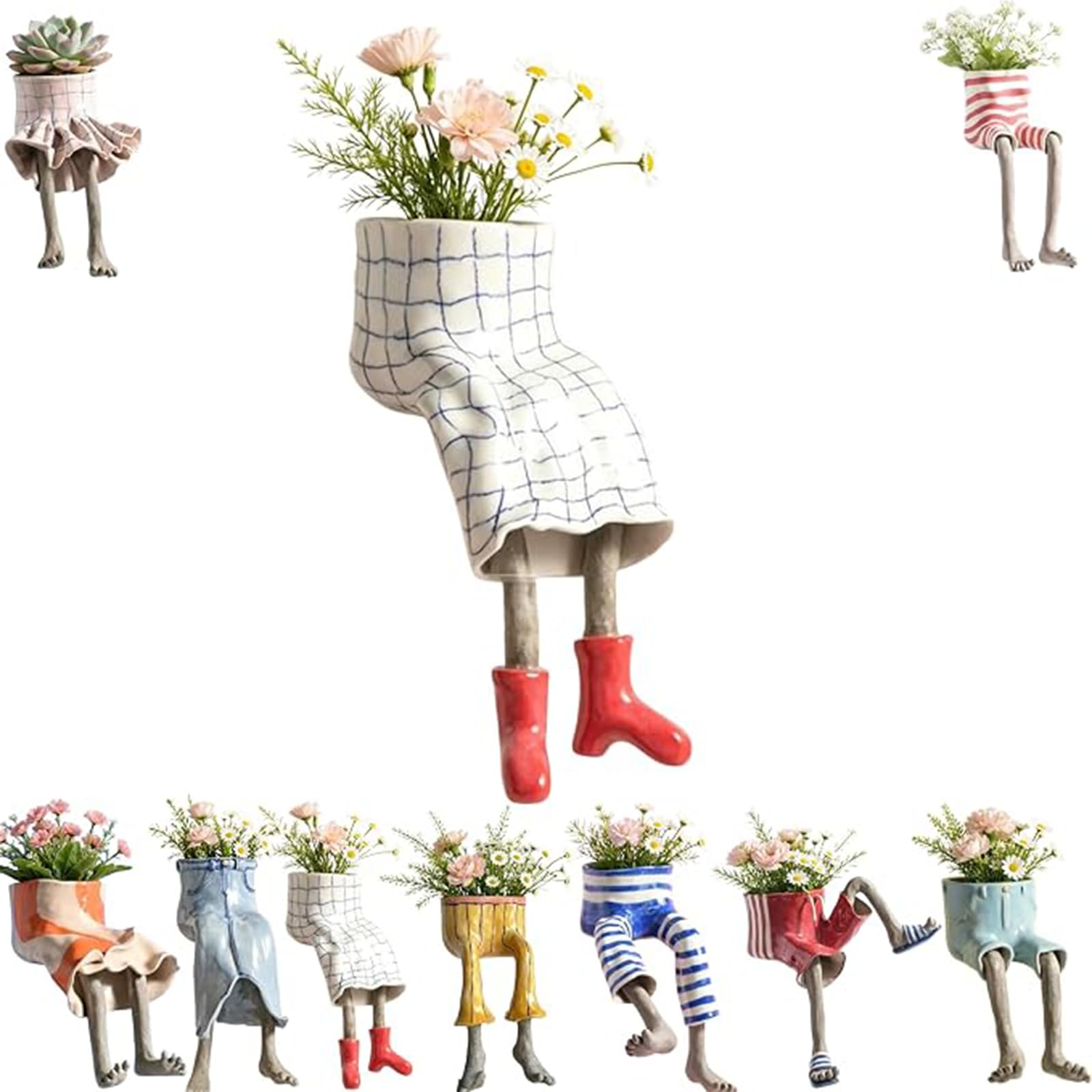 Fenydull Creative Sitting Human Shaped Resin Planter, Cute Dangling Legs Flower Pot with Drainage Hole, Unique Novelty Succulent & Cactus Planters for Indoor Outdoor Shelf Decor，Plaid Skirt