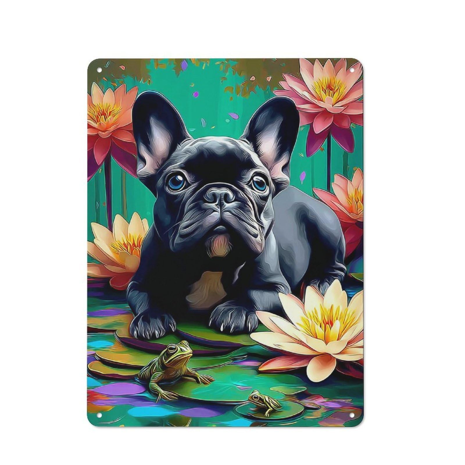 Junmoney Lovely French Bulldog In Lotus Pond -1 Tin Wall Plaque 40X30cm With For Garage Wall, For Collectors Of Retro Metal Wall Decor