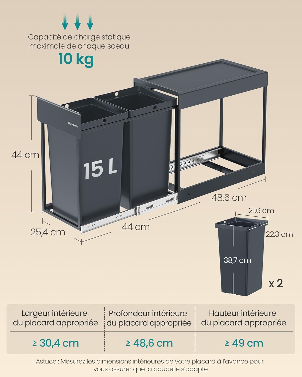 Detailed diagram of the SONGMICS pull-out recycling bin showing all key dimensions: 48.6 cm length, 25.4 cm width, 44 cm height, and 15L capacity per bucket. Also indicates a maximum static load of 10 kg per bucket.