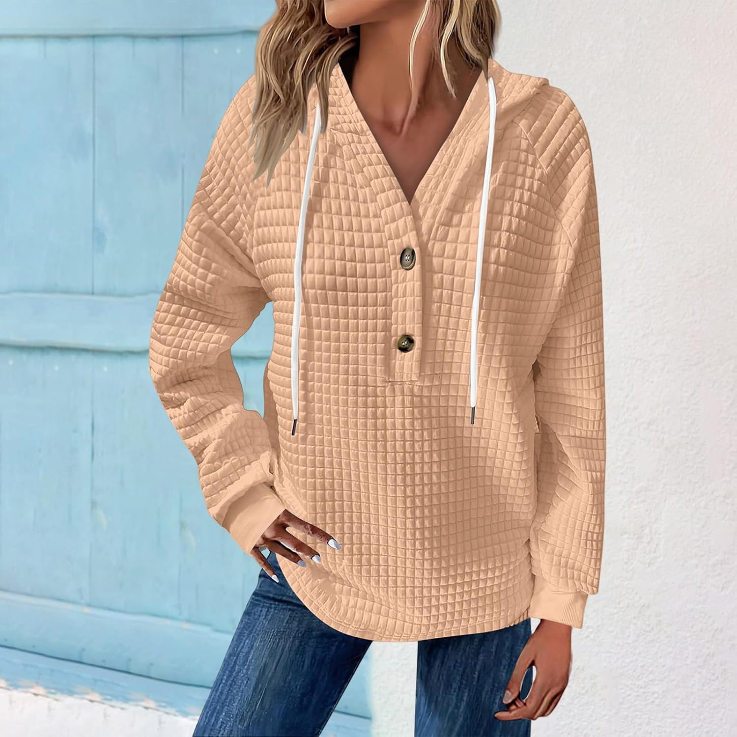 Womens Hoodies Pullover Casual Waffle Knit Tops Cute Hooded V Neck Sweatshirts Long Sleeve Button Down Tunic Shirts