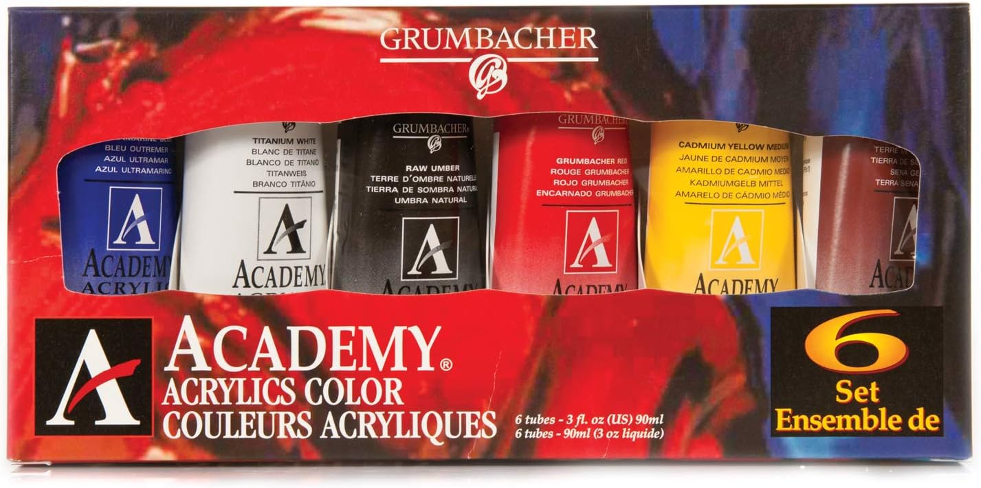 Grumbacher Academy Acrylic Paint, Gloss, 90ml/3 oz Metal Tube, 6-Color Mixing Set (C1026)