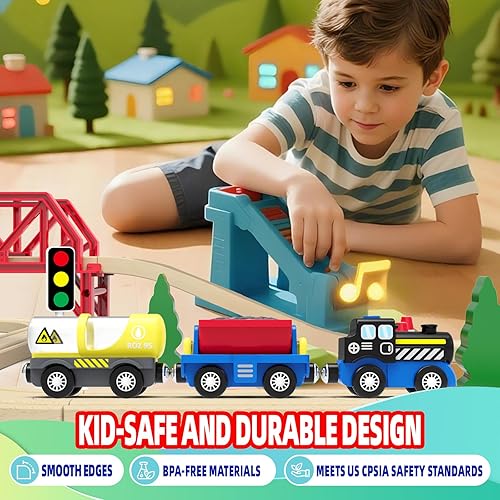 Miniatura 6 de PowerHauler Express - Tren a pilas para pistas de madera, juguete clásico de motor de vapor de carga con 3 autos magnéticos, compatible con todas