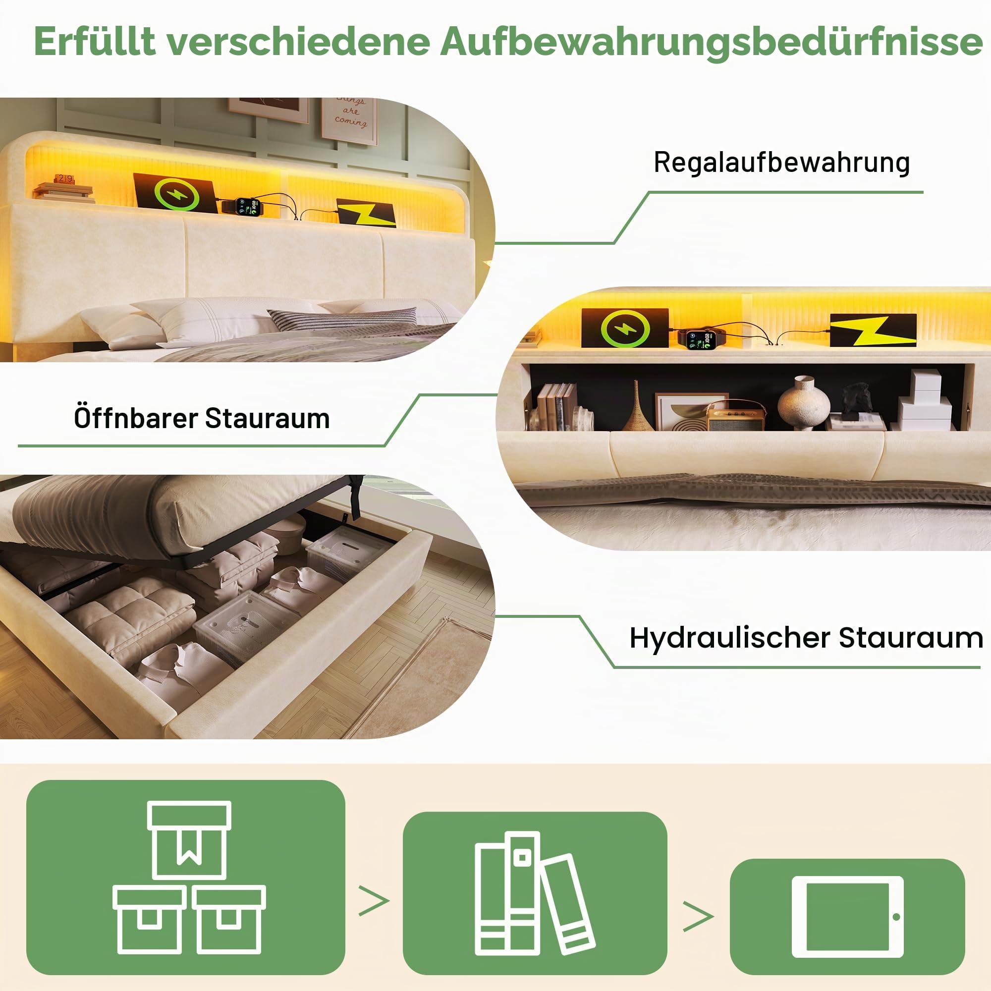 Polsterbett Doppelbett 180x200 cm mit höhenverstellbarem Stauraum-Kopfteil, Hydraulisches Bett mit LED-& USB/Type-C Ladestation, Samt, inkl. Lattenrost, Beige, Ohne Matratze