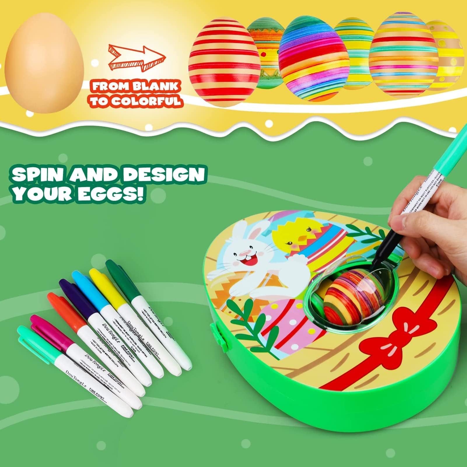 Ostereier Maschine,Osterei Dekorationsset,Ostereier Malmaschine zum Bemalen | Oster Eier Dekos Kit mit Eier-Malgerät,8 Farben Marker Stiftes, 3 Eier & 10 Aufkleber, DIY Gemalte DekoOstereier für Kinder