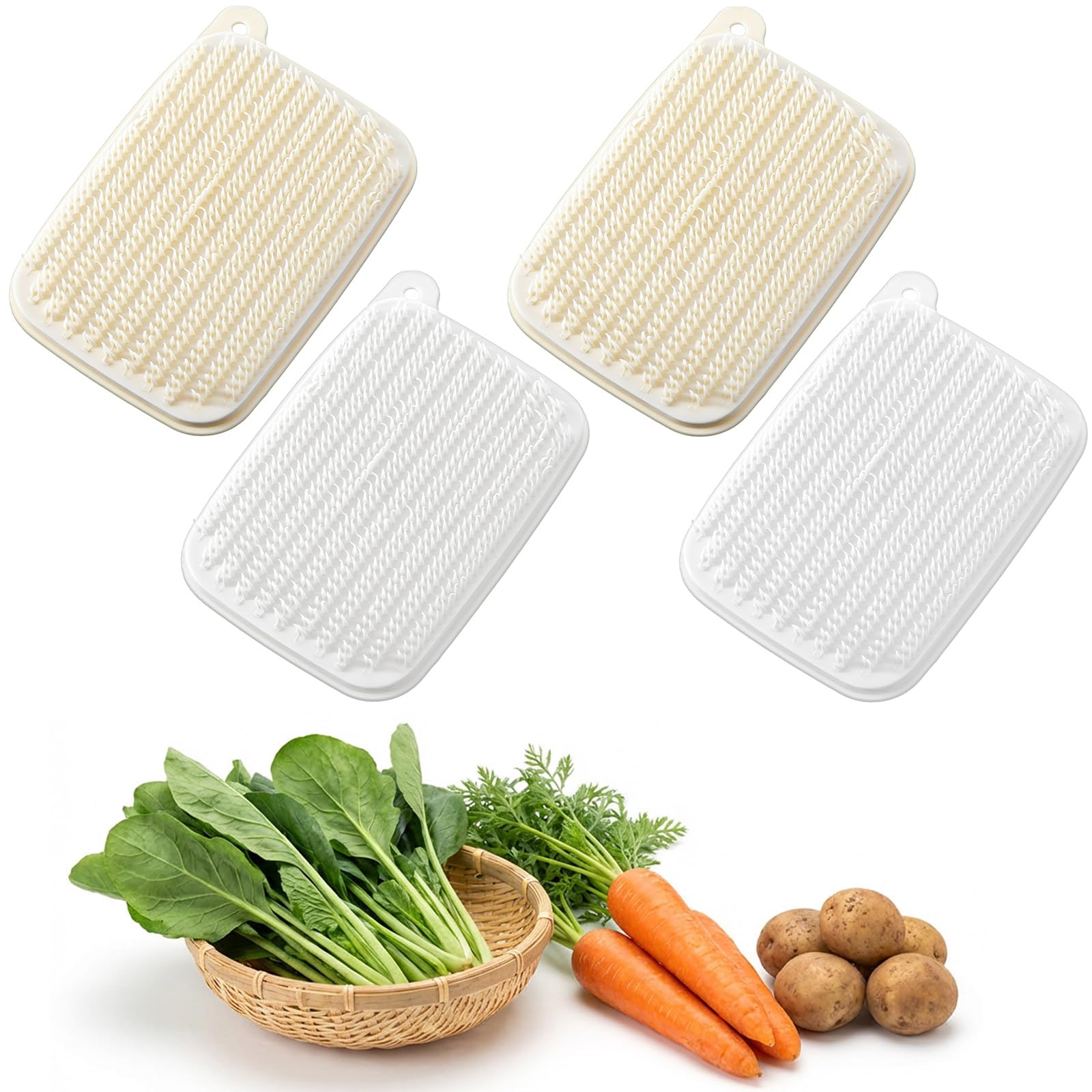 Brosses à légumes Lot de 4 - Poils doux pour pommes de terre, carottes et racines de lotus - Réutilisables