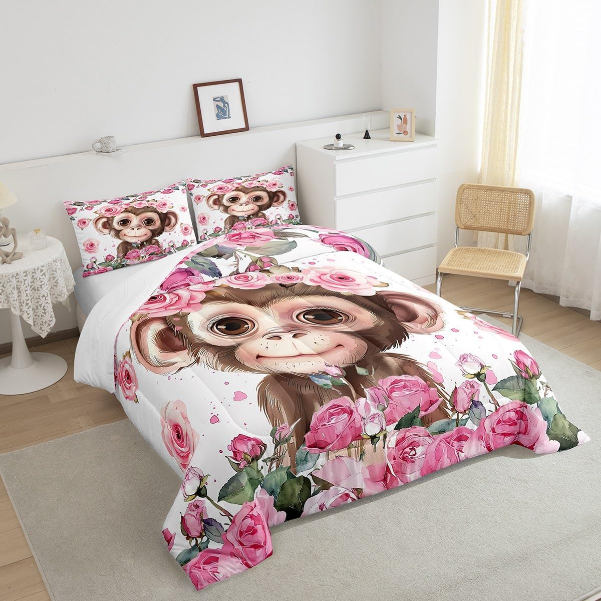 Cute Monkey Comforter Set Twin Size,Cartoon Wild Animal Kawaii Style Bedding Set for Kids Boys Men,Watercolor Pink Rose Flowers Floral Quilted Duvet Set with 1 Pillowcase