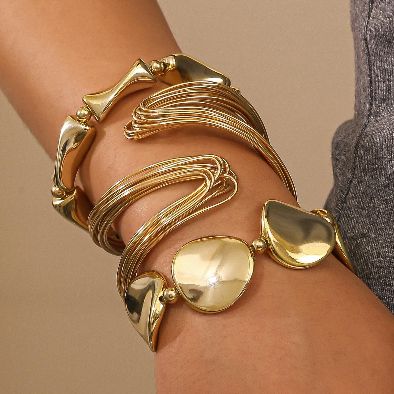 YOOESTORES82 Open Bangle Bracelets Set for Women Gold Adjustable Multilayer Stacking Cuff Bracelet Trendy Irregular Geometric Bangle Stacked Jewelry - Image 4