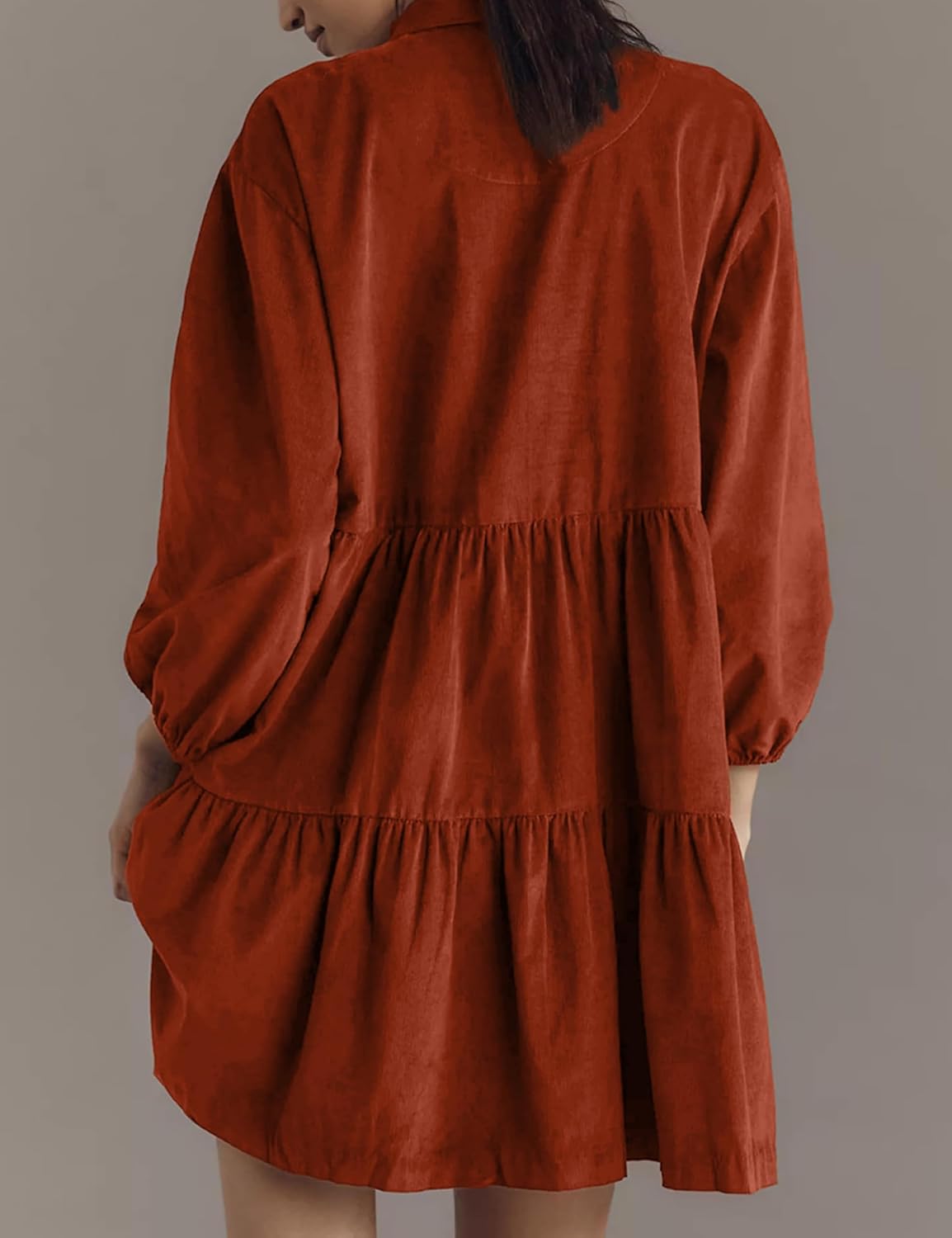 Womens Mini Shirt Corduroy Dress Oversized Lantern Sleeve Turndown Collar Button Up Babydoll Dress with Pockets - Image 3