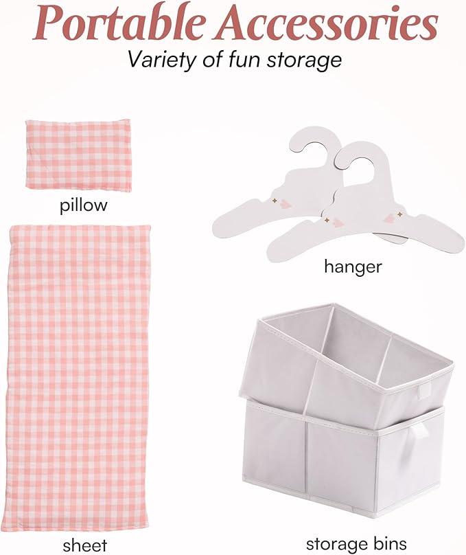 ROBUD Baby Doll Crib, Wooden Doll Bed with Storage and Bedding, of Toy Baby Crib to Kids, Pink Baby Doll Beds Suit for Dolls Under 22 Inches