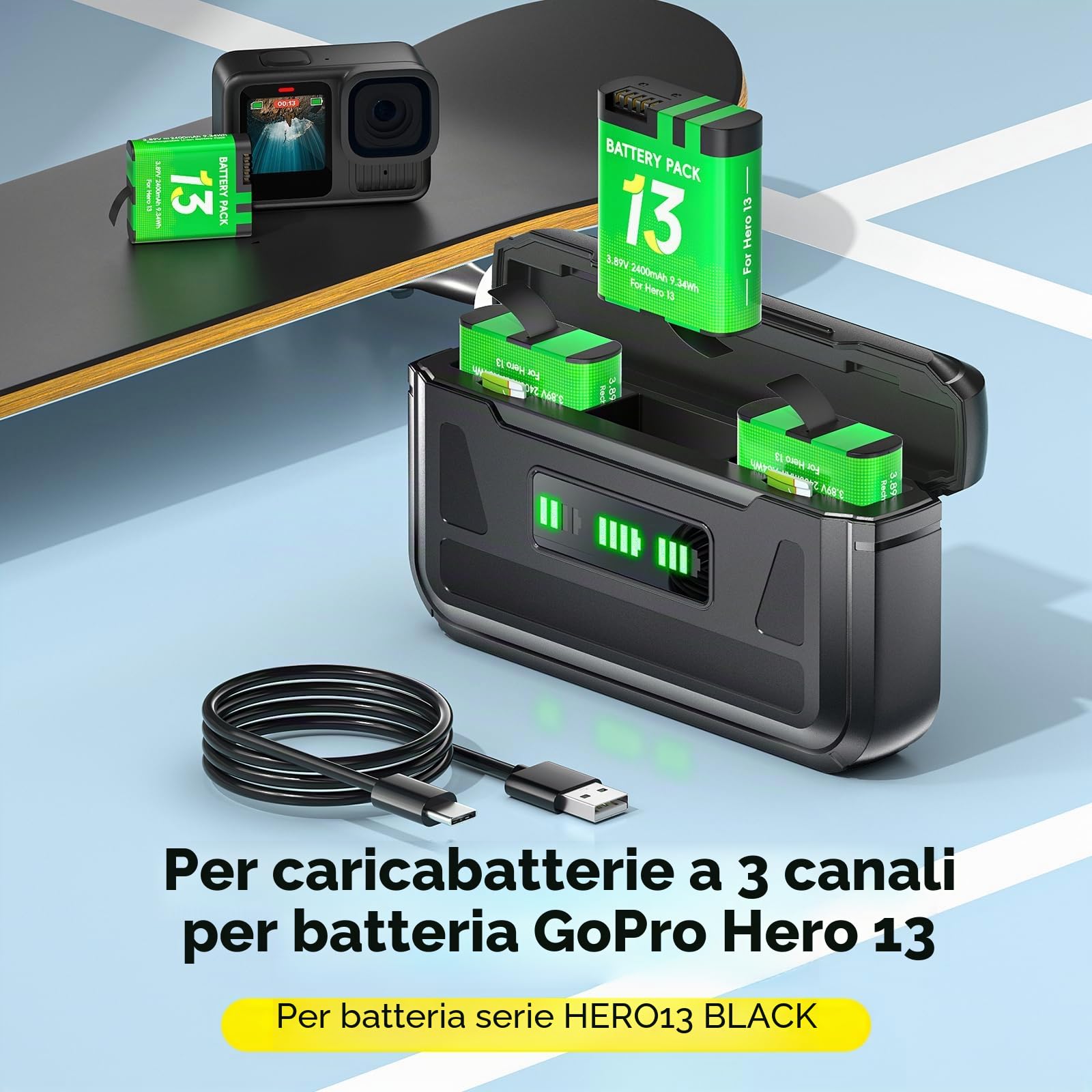 Hero 13 Caricabatterie per Hero 13 Black, Mission 1, Mission 1 Pro - Caricabatterie con display LCD, slot per schede TF, adatto alle basse temperature (batteria non inclusa)