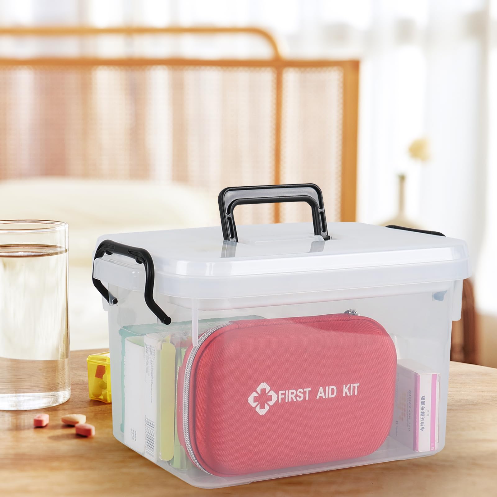 Boîte de premiers secours en plastique transparent avec compartiment amovible