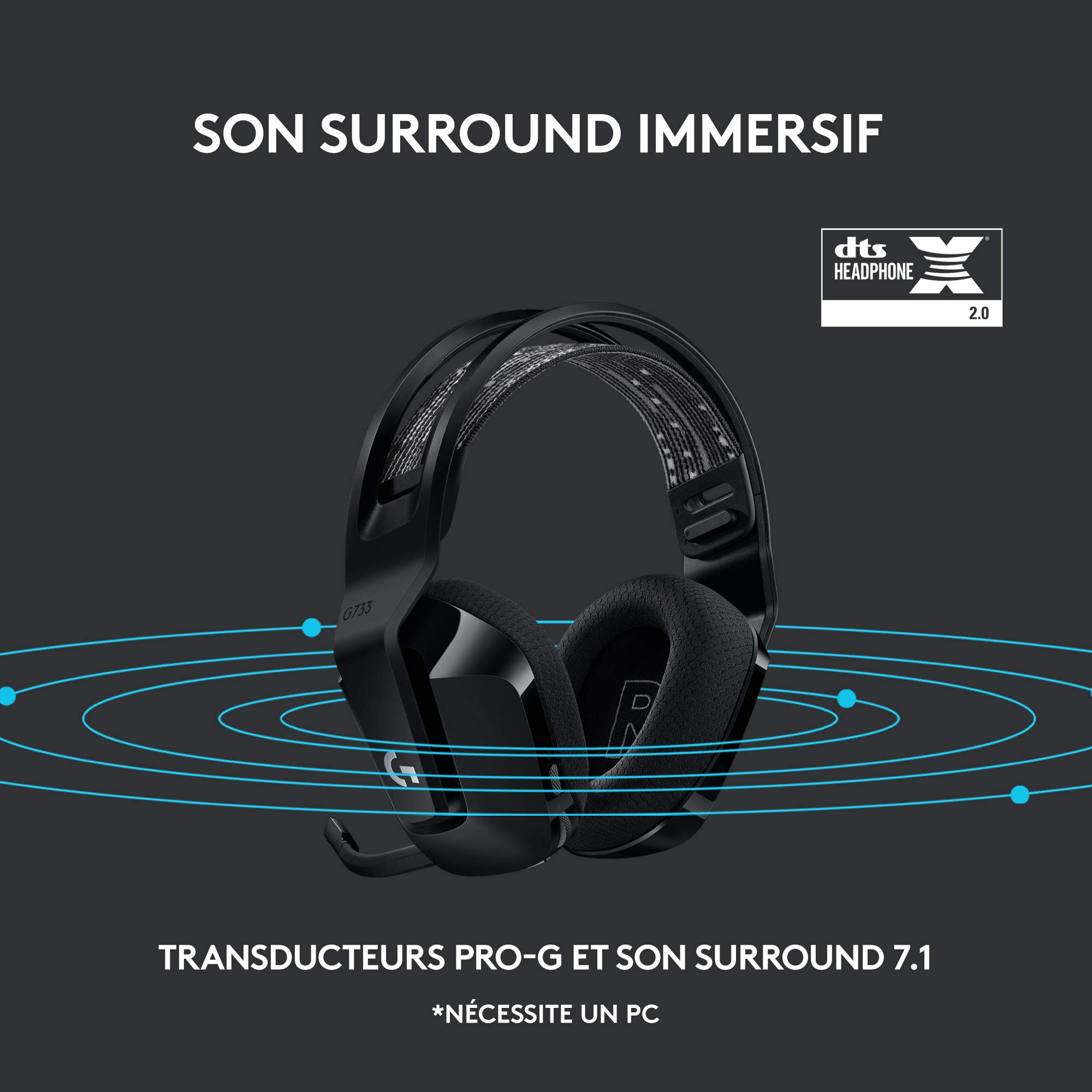Logitech G G733 Casque Gamer Sans Fil LIGHTSPEED avec Bandeau de Suspension, LIGHTSYNC RVB, de Micro Blue VO!CE, Transducteurs Audio PRO-G, Ultra-Léger, Batterie 29h, Portée de 20m, PS4, PS5 - Noir