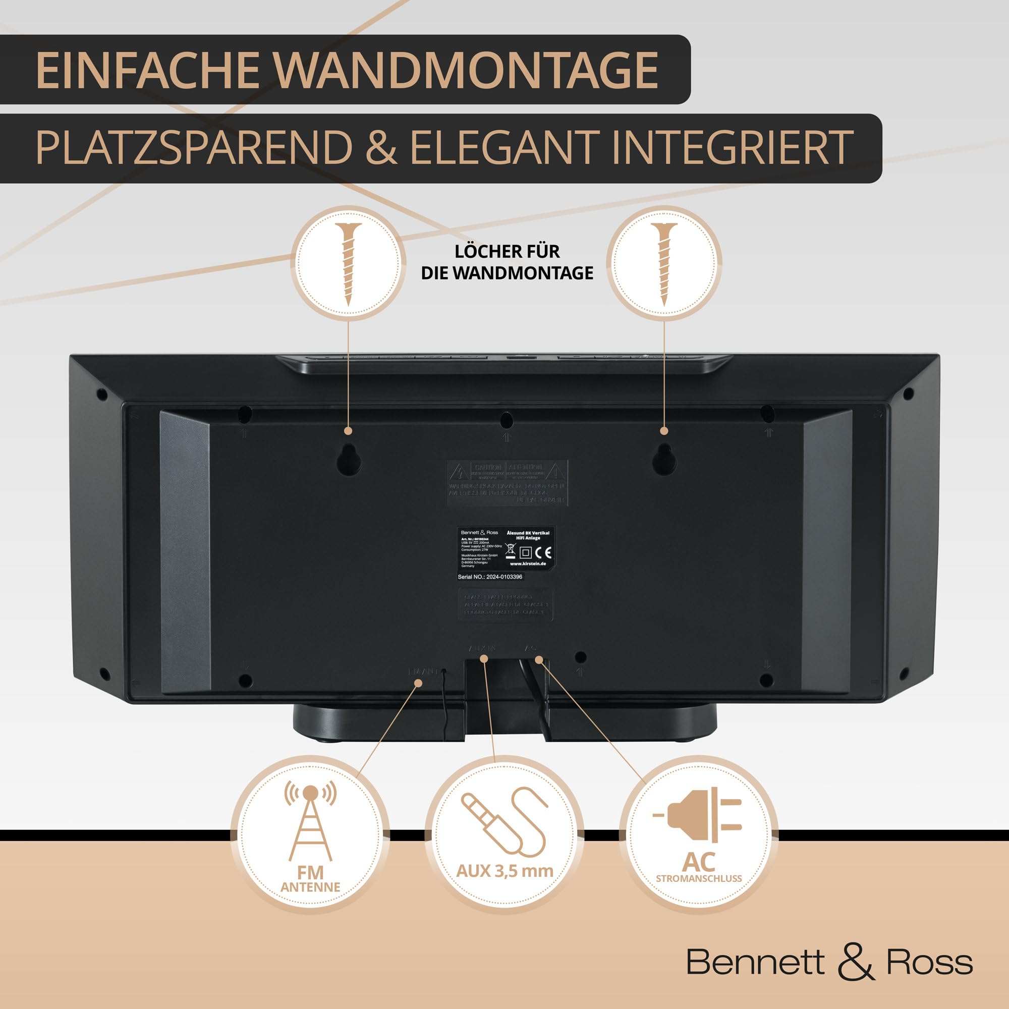 Bennett & Ross Ålesund Impianto stereo verticale - Microchaîne hi-fi avec lecteur CD, MP3, fonction UKW, USB et Bluetooth avec NFC - Installation sur pied ou murale - Telecomando incluso - Nero