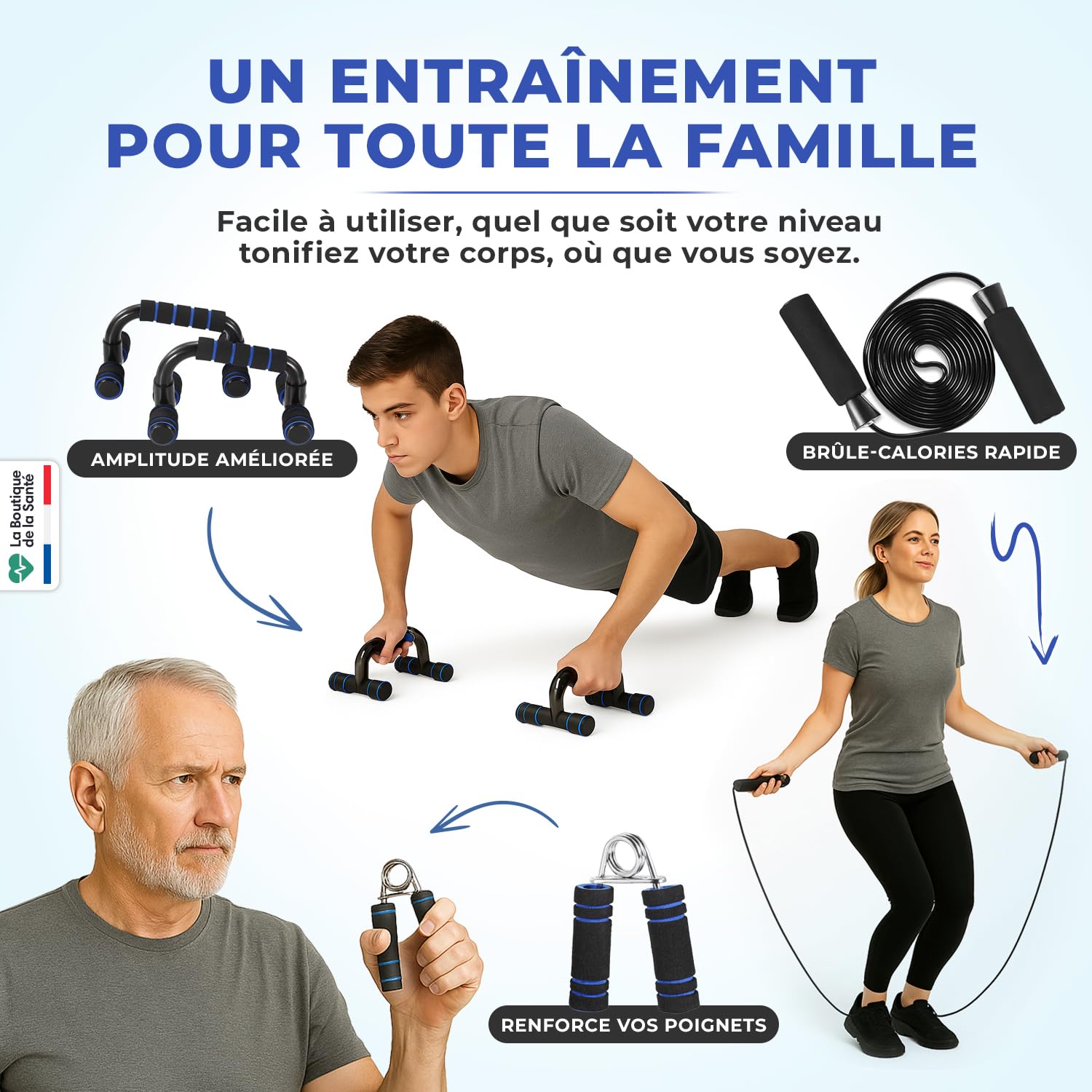 Kit Fitness à Domicile - Équipement Musculation - Roue Abdominale - Tapis - Corde à sauter - Poignées de pompes - Entraînement Complet Gym, Pilates et Squat