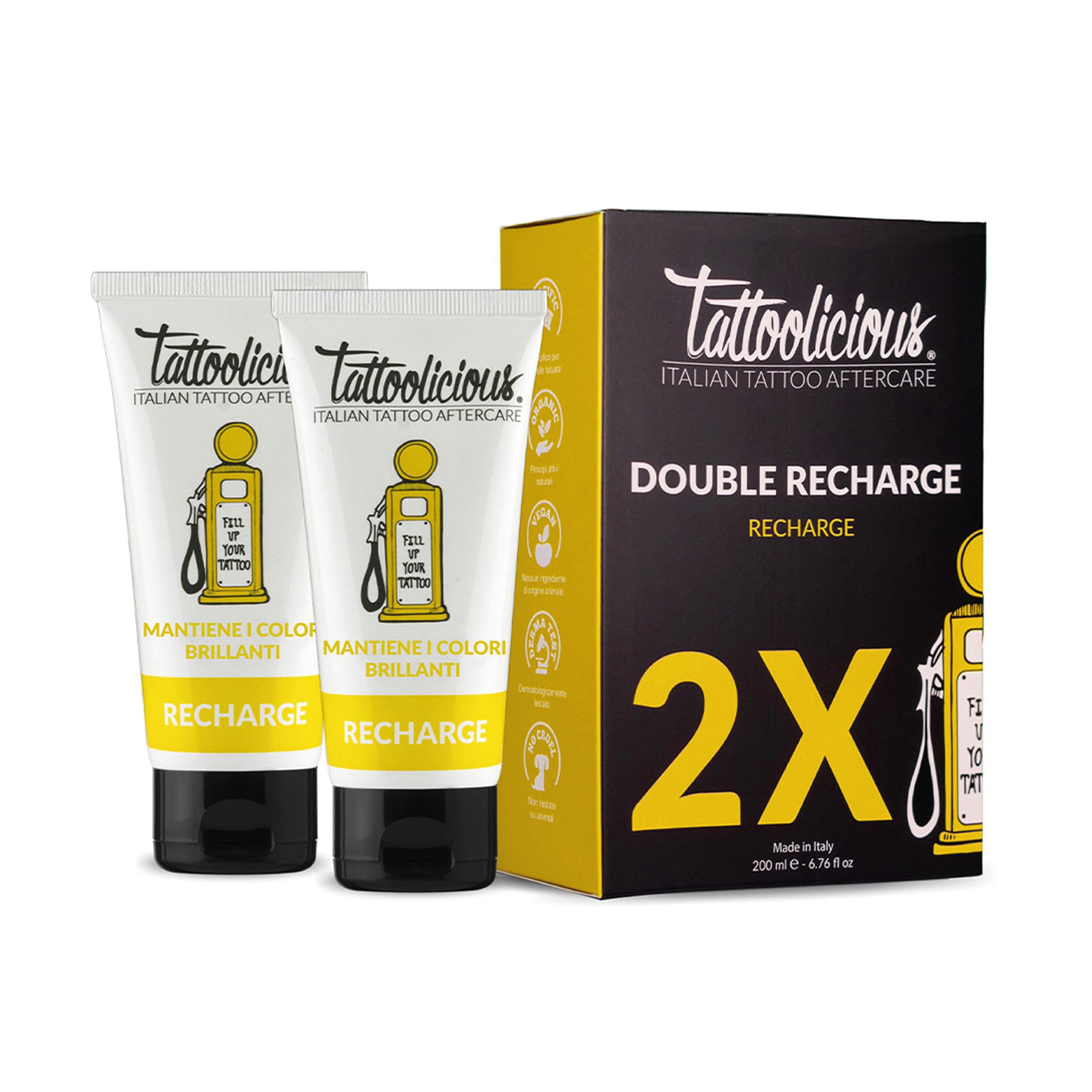 TATTOOLICIOUS DOUBLE RECHARGE 2 x RECHARGE Tubes 100ml - Crème rilevante e antitraffico per tatuaggi | Nero e colorati |