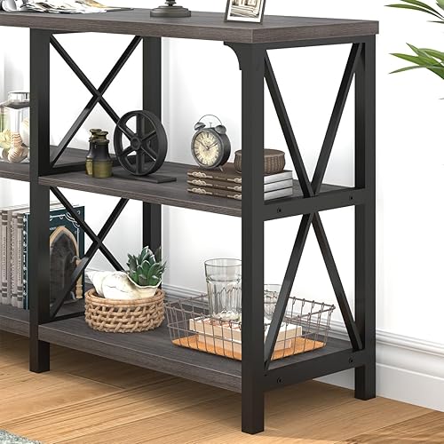 Miniatura 52 de IBF Mesa de entrada de granja, mesa consola larga rústica detrás del sofá, moderna mesa de sofá de madera de metal con estantes de almacenamiento,