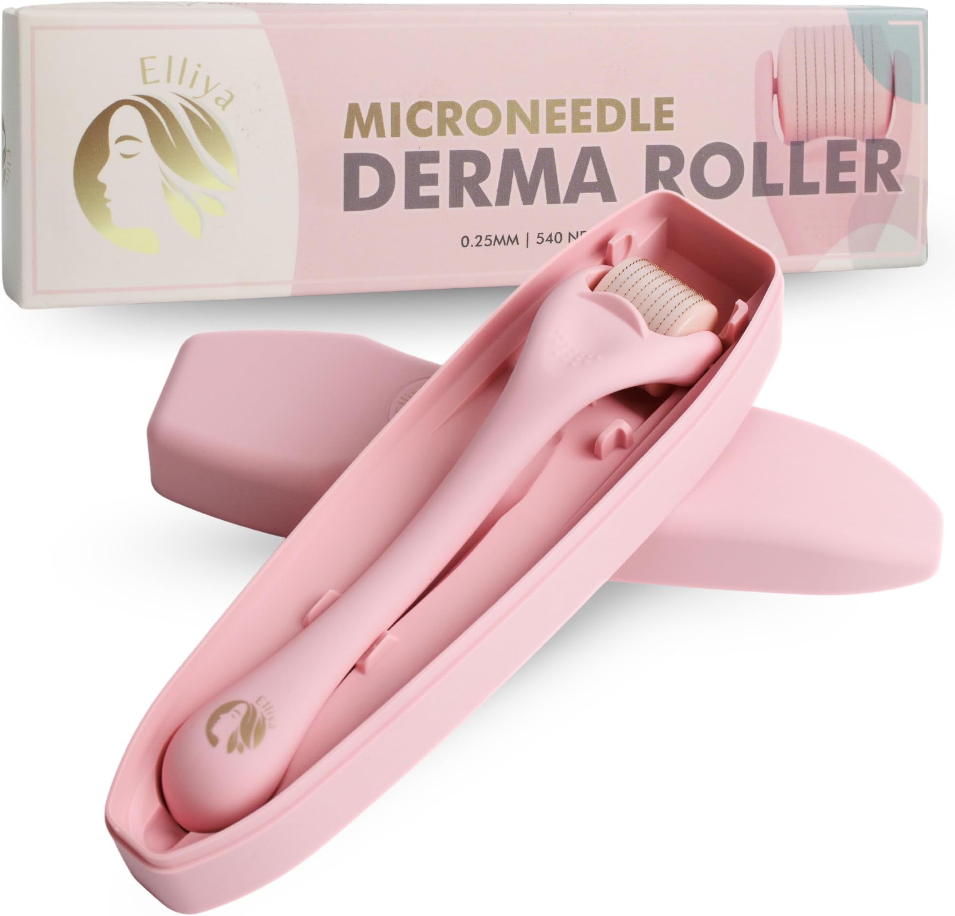 Elliya Pink Derma Roller with 0.25mm Titanium Needles - Face & Skin Care Tool with Case - Microneedle Roller for Smooth Skin - Home Skincare Routine
