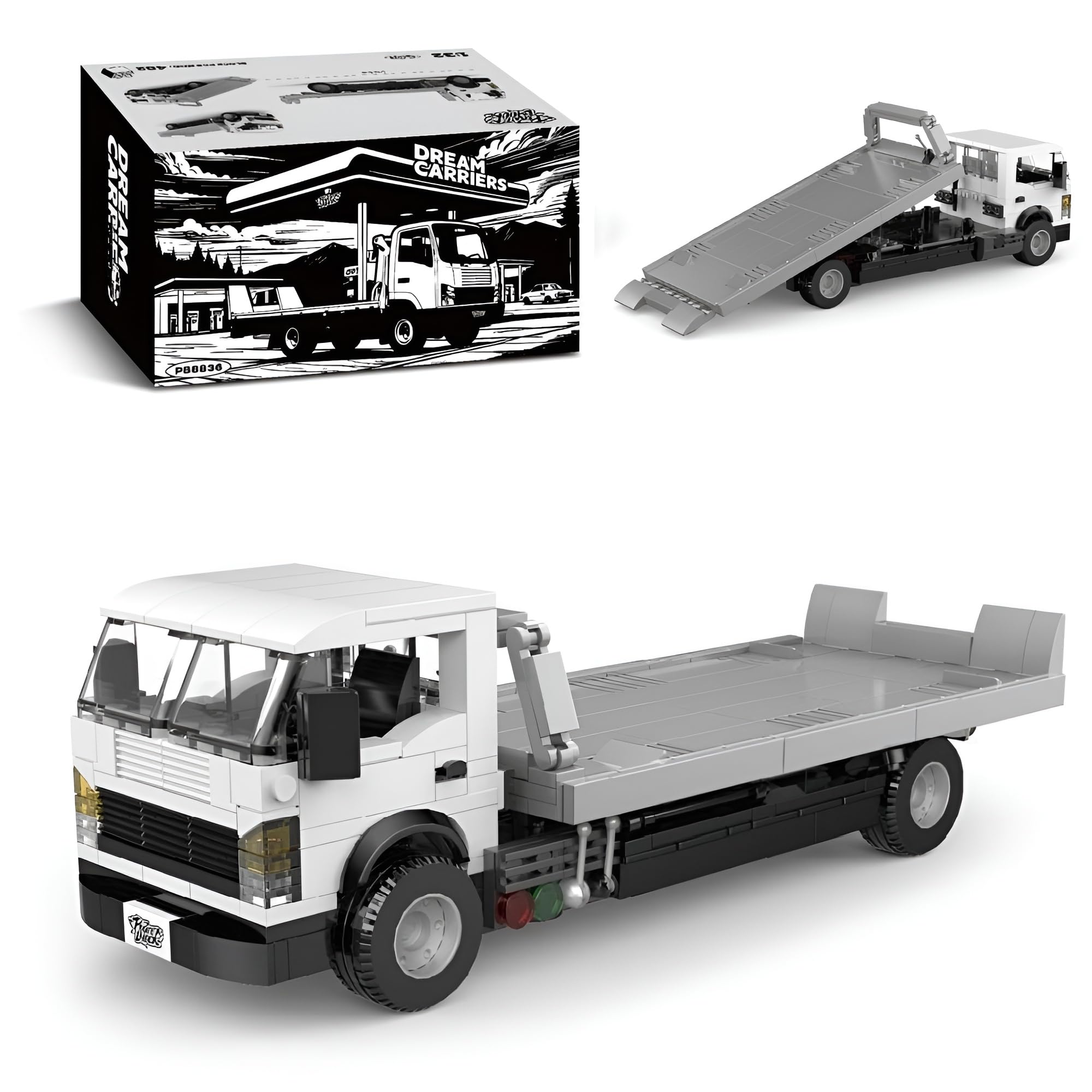 Ebortsin Rescue Flatbed Trailer Truck Car Building Kit - 482 Pcs Flatbed Trailer Model Truck Building Toys, Collectible Gift for Adults and Kids, Compatible with L***, 1:32 Scale