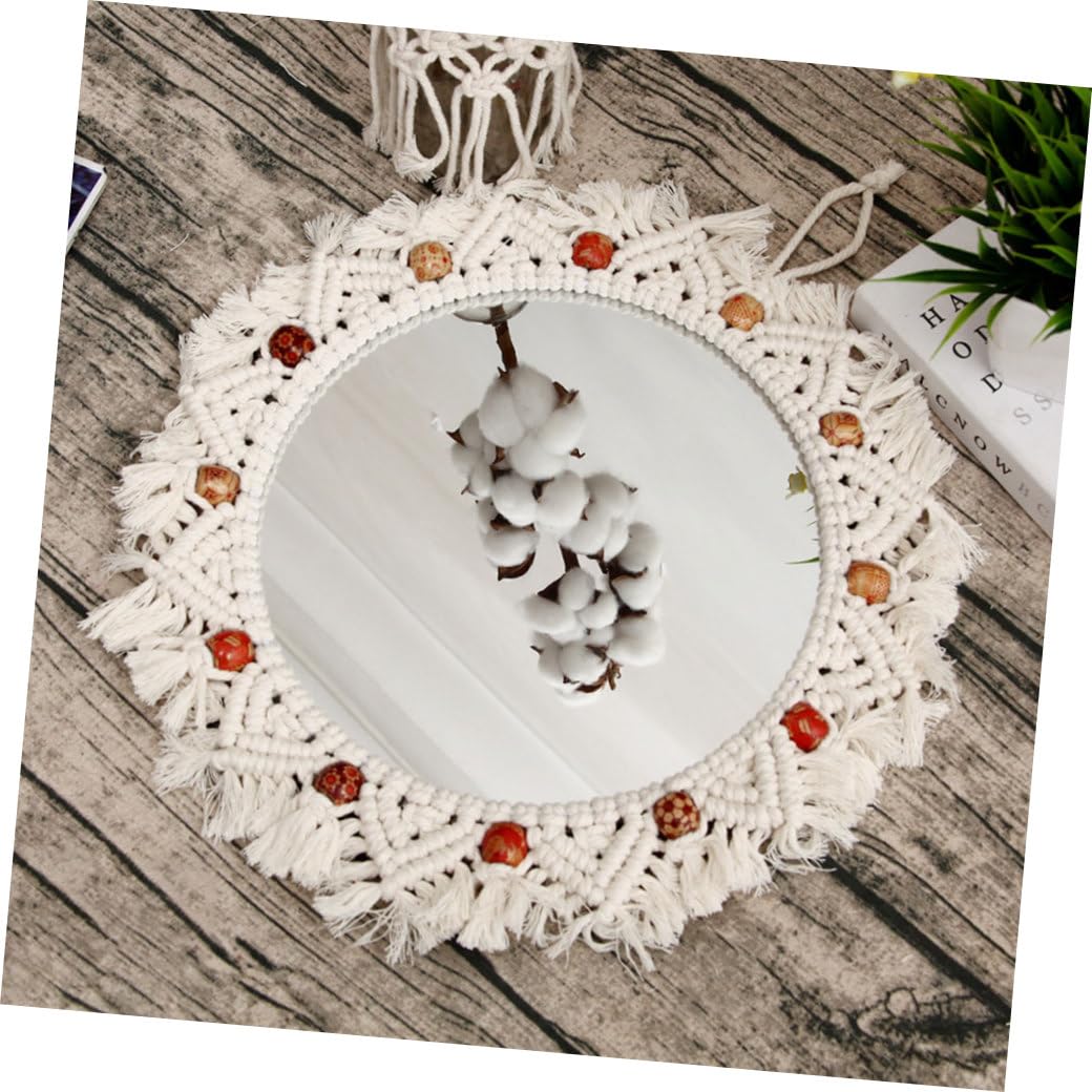 Veemoon Specchio da Parete in Macramè Decorativo Beige in Cotone Design Arazzo Fatto a Mano, per Ufficio e Soggiorno, Aggiunge Profondità Verticale e Stile Creativo