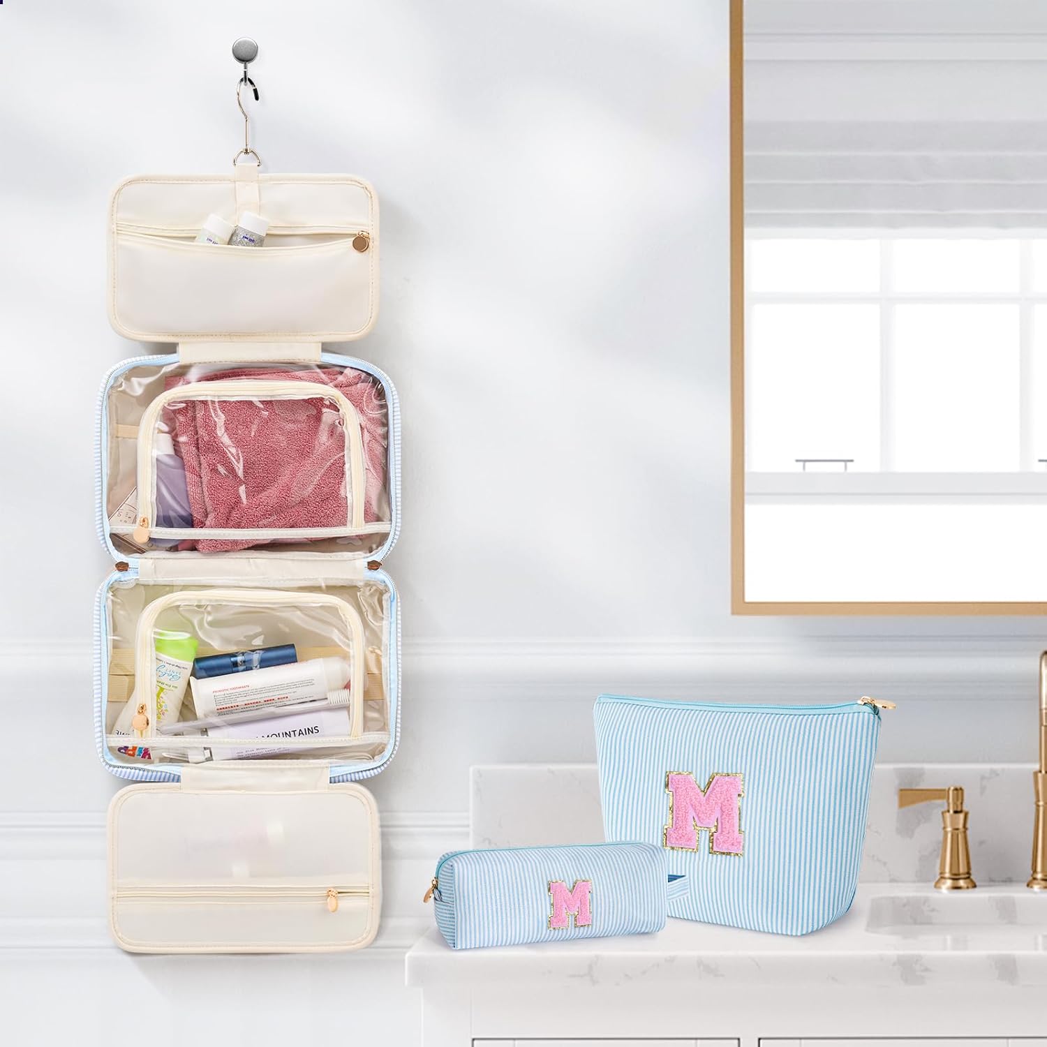 Christmas Gifts for Grandkids Stocking Stuffers for Teen Girls Mom Gifts Initial Toiletry Makeup Bag Birthday Gift Travel Cosmetic Bags Travel Essentials - Blue M