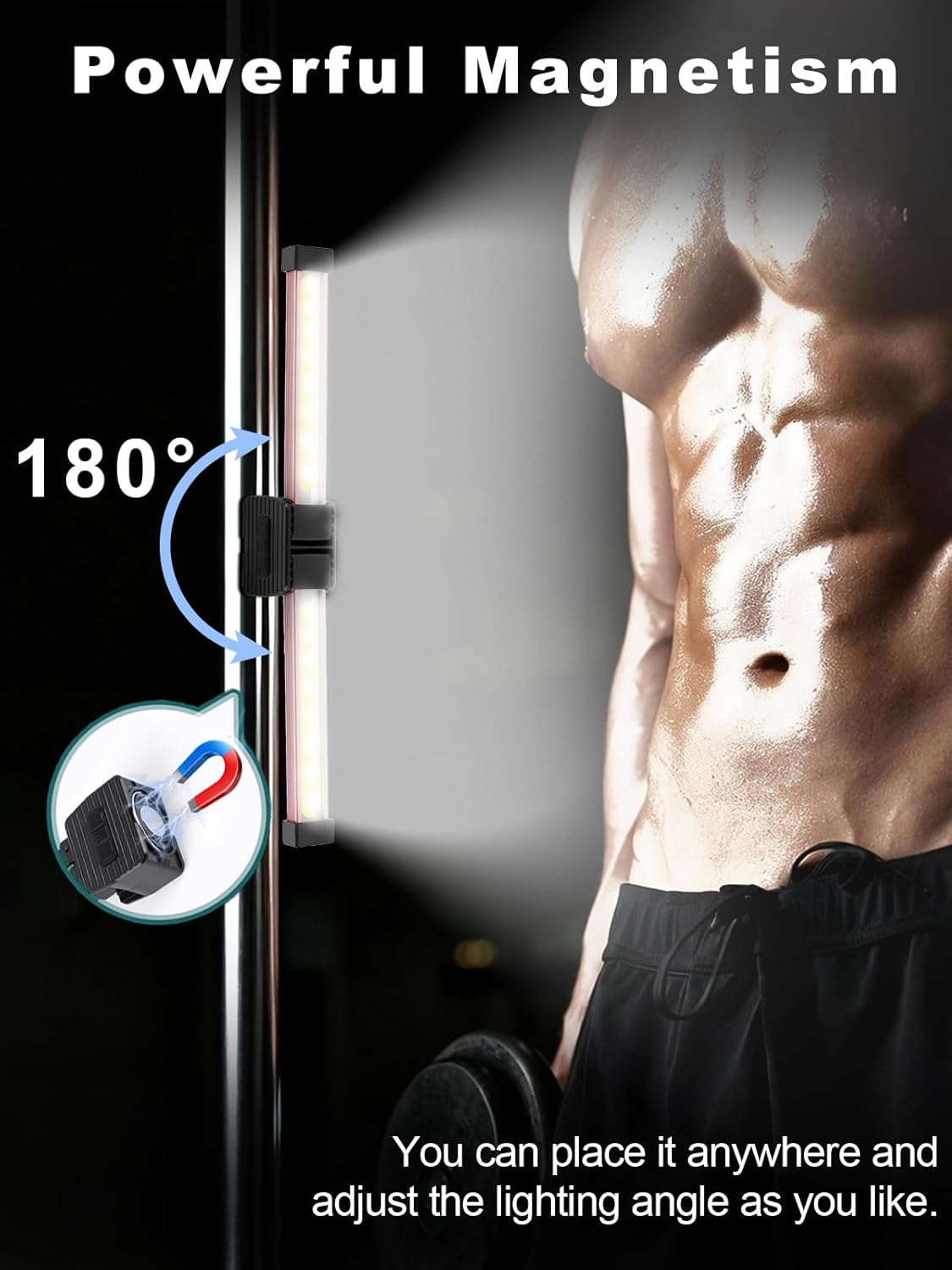 Gym Lamp, Portable Gym Lighting for Posing, Magnetic Work Light with Portable Charger, Gift for Men/Women, 180° Rotate Foldable with Hang Hook Camping Lamp, LED Handheld Flashlight-Rose - Image 5