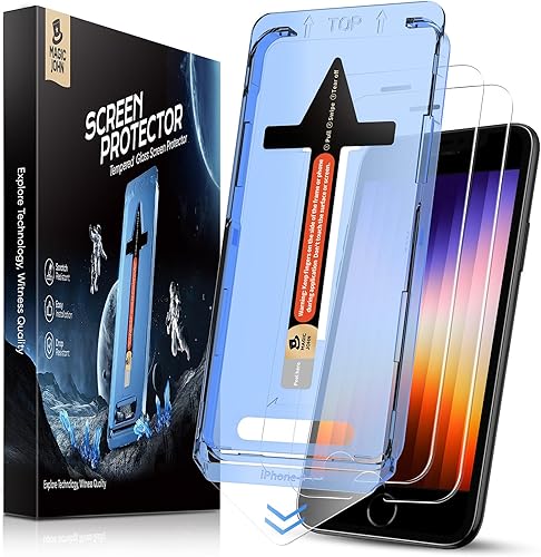 MAGIC JOHN Paquete de 2 protectores de pantalla para iPhone SE 3/SE 2 (edición 2022/2020), vidrio templado para iPhone 7/8/6, eliminación automática