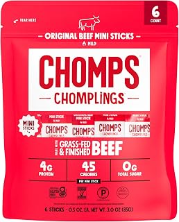 Chomps Mini Grass-Fed Beef Jerky Sticks Original Beef 0.5oz Pack of 6 - Keto Paleo Whole30 Snacks