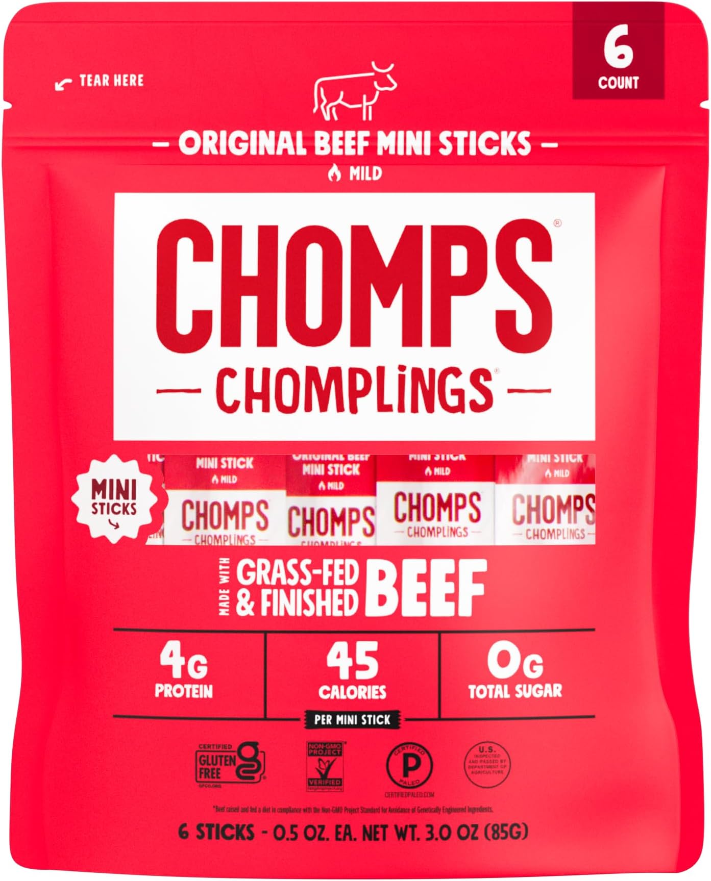 CHOMPS MINI Grass Fed Beef Jerky Meat Snack Sticks 0.5 Oz, Original Beef (Pack of 6)