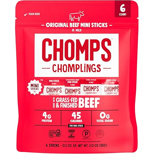CHOMPS MINI Grass Fed Beef Jerky Meat Snack Sticks 0.5 Oz, Original Beef (Pack of 6)