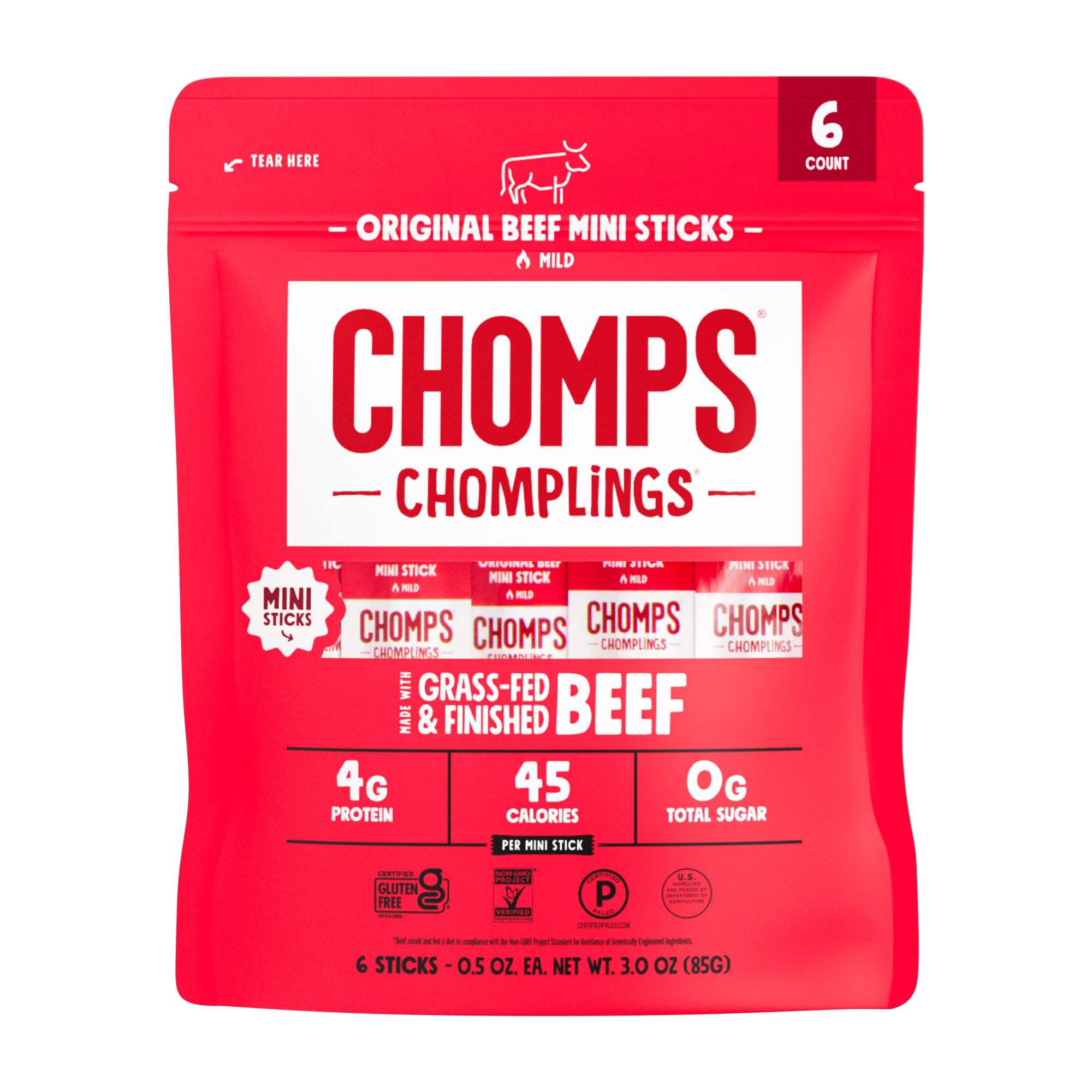 CHOMPS MINI Grass Fed Beef Jerky Meat Snack Sticks 0.5 Oz, Original Beef (Pack of 6)