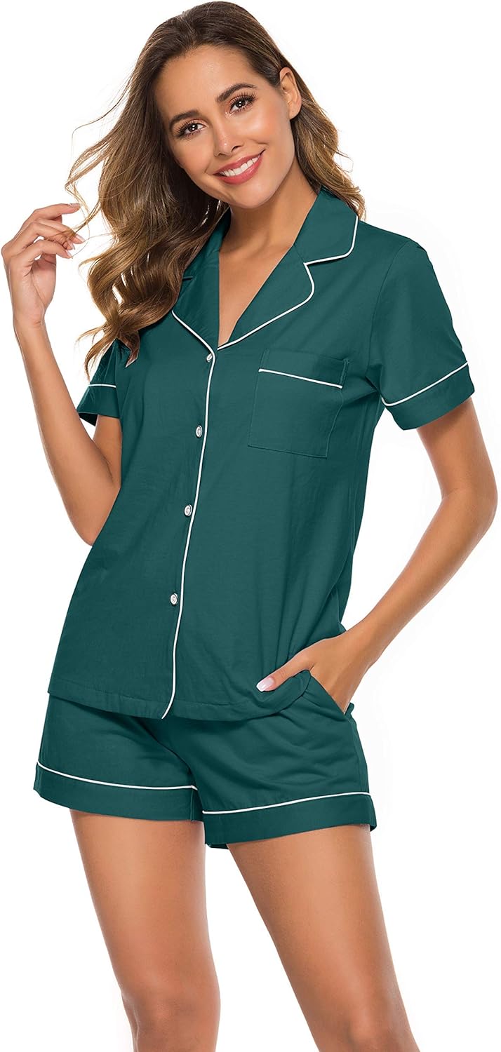 COLORFULLEAF Womens 100% Cotton Pajamas Set Short Sleeve Sleepwear Button Down Pjs Soft 2 Piece Lounge Set with Pockets S-XXL - Image 2