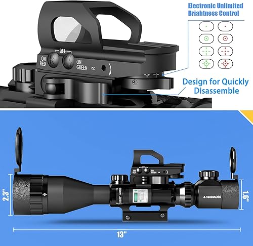 Vista 15 de 4-16x50AO Combo de alcance de rifle rojo/verde doble iluminado con láser verde 4 retículas holográficas punto rojo 5 modos linterna para montaje