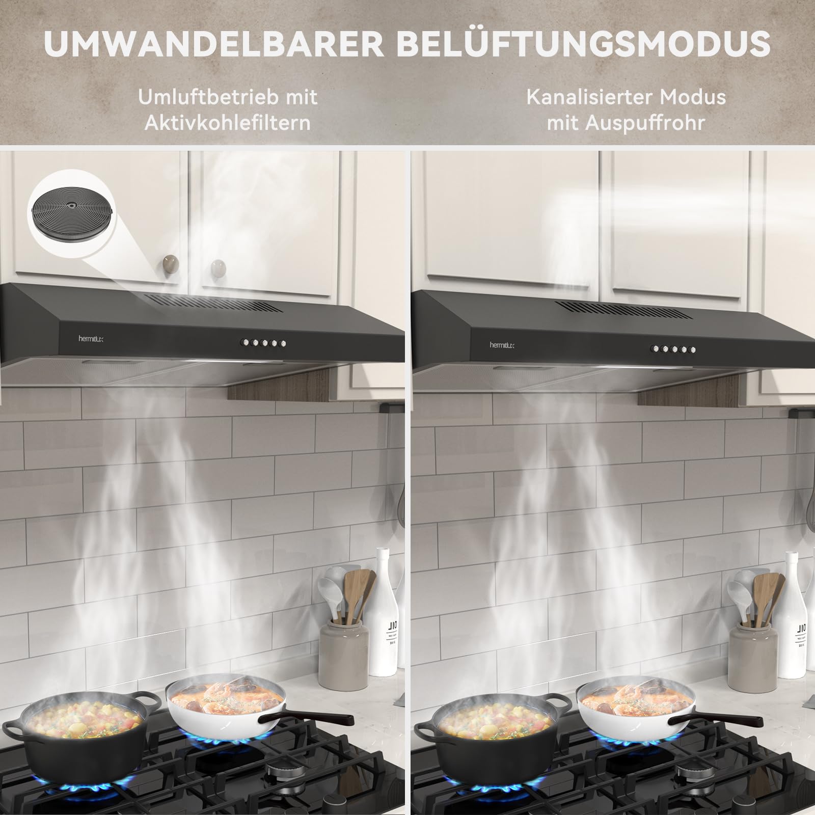 Hermitlux Dunstabzugshaube Unterbau 60cm Abluft Umluft 360 m³/h Kohlefilter Schwarz