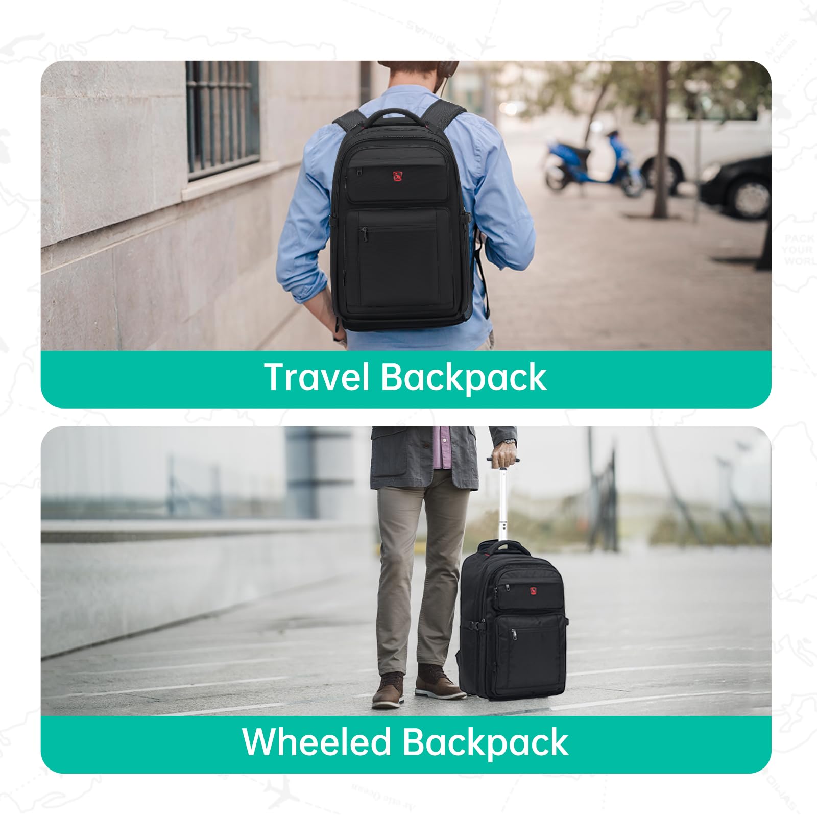 OIWAS Rolling Backpack Luggage - Travel Wheeled Backpack For Woen En