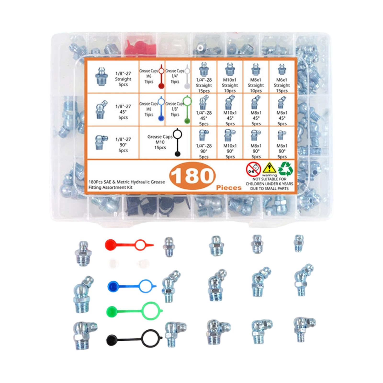 Buxuaaaa Metric And English 180Pcs Grease Fittings Set Metric Hydraulic Grease Fittings Assortment Straight 45 90 Degree Carbon Steel Nipples