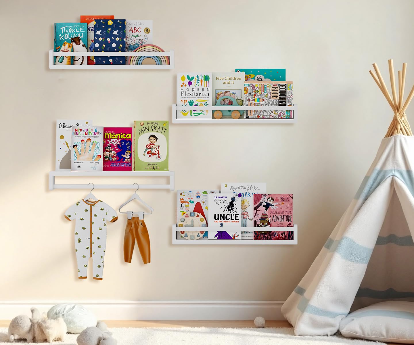 Estantería infantil de pared, 40 cm, color blanco, madera de pino maciza, flotante para habitación