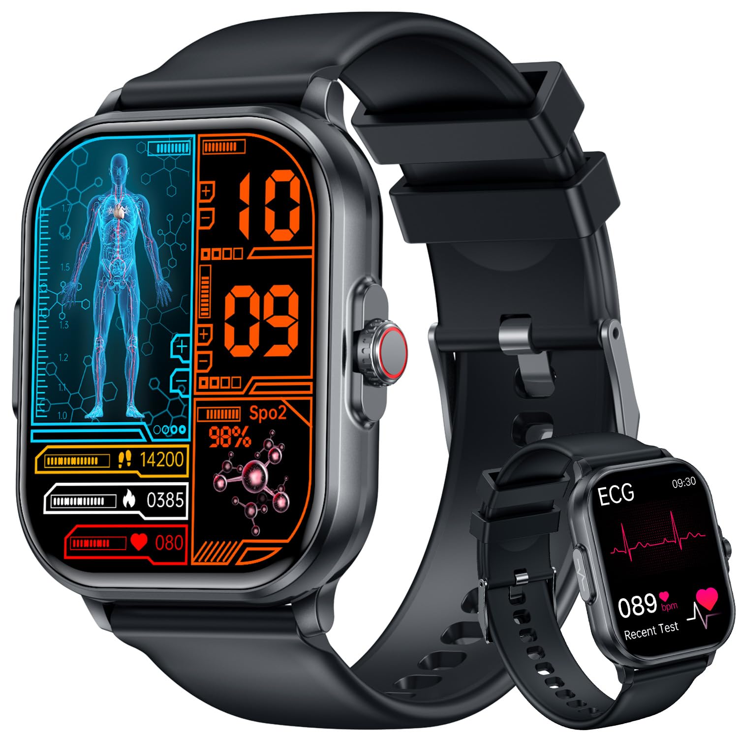 Smartwatch Herren mit EKG+HRV Blutdruck Herzfrequenz: Uhr Smartwatch Gesundheitsuhr Wasserdicht Fitnessuhr 𝐄𝐂𝐆 Schrittzähler Telefonfunktion 2.0" TFT Eckig Großes Display Armbanduhr Uhren Schwarz