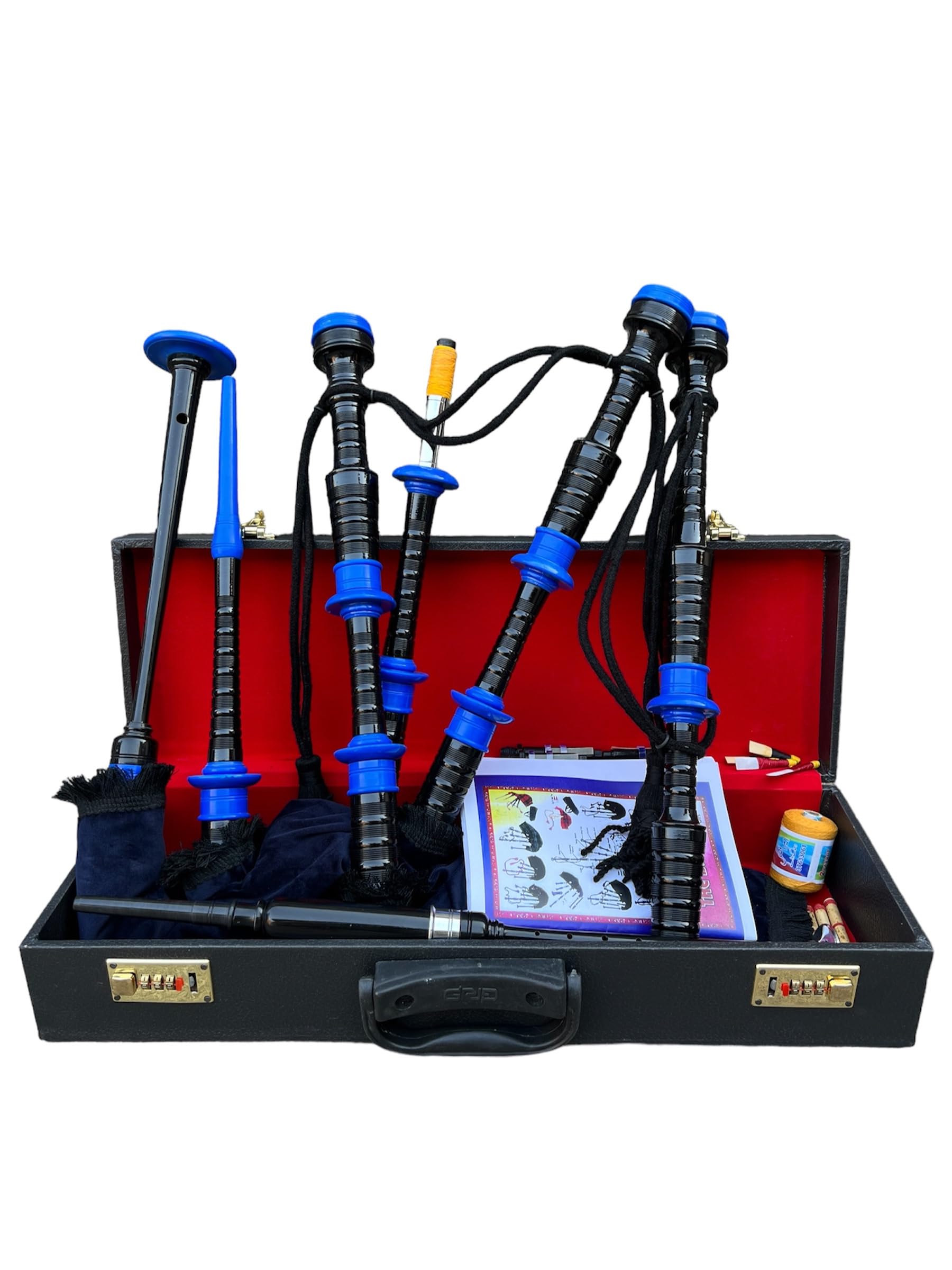 Cornamusa professionale in velluto blu con supporti in palissandro e custodia