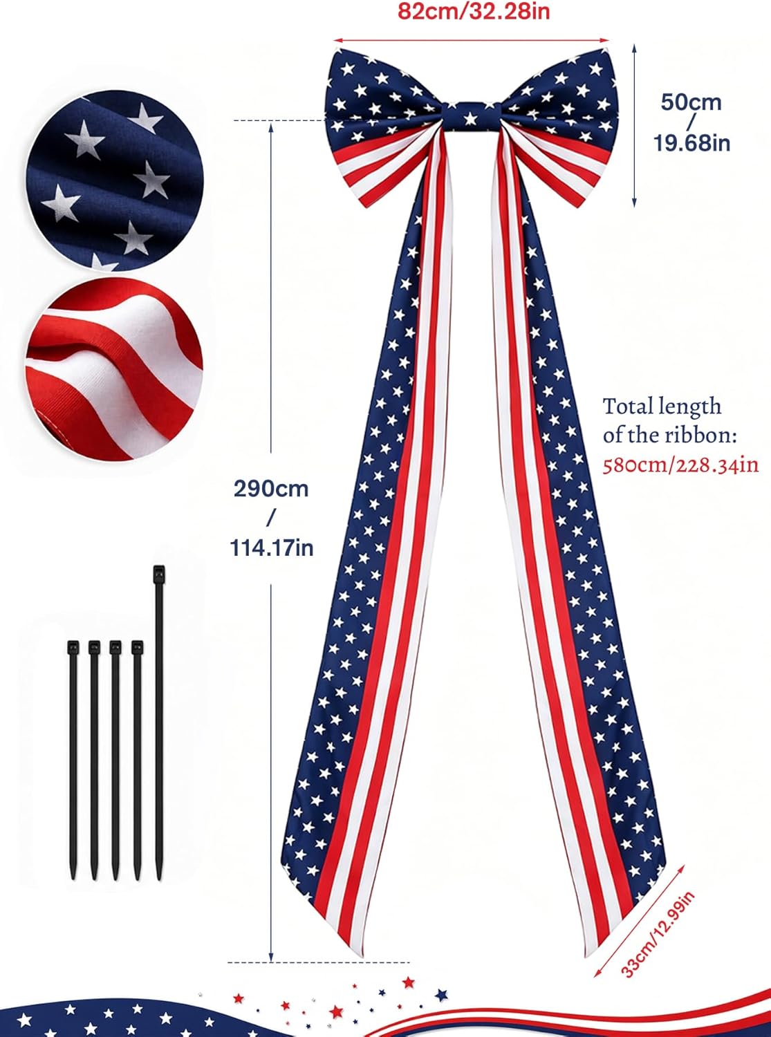4th of July Patriotic Door Bow with Zip Ties, Red White Blue Stars and Stripes Front Door Porch Decor, 20 x 32 in