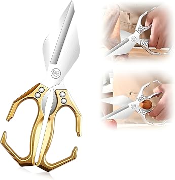 Multifunctional Heavy-Duty Kitchen Shears, Stainless Steel Kitchen Scissors for Food, Poultry Shears, Poultry, Meat, Seafood, Bone Cutting, Dishwasher Safe Ergonomic Handle Gold